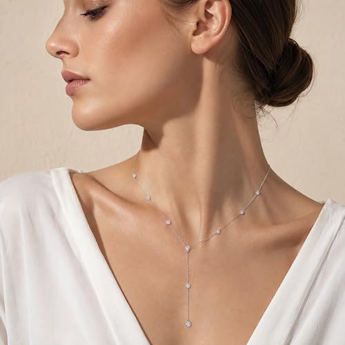 LANE WOODS Moissanite Lariat Necklace for Women, 925 Sterling Silver Y Necklace with Teardrop Pendant, Dainty Gold Plated Drop Necklace 16+2 Inch Adjustable Chain, Bridal Wedding Prom Jewelry - color: white gold