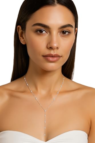 14K Gold Plated Y Necklace for Women – Dainty Lariat Long Pendant Chain, Layered Drop Necklace for V Neck Dress, Simple Sexy Cleavage Jewelry Gifts for Women - color: Silver - Single Layer - Bead