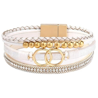Leather Wrap Bracelets for Women, Boho Leopard Multi-Layer Crystal Beads Cuff Jewelry - color: J-Warp-009
