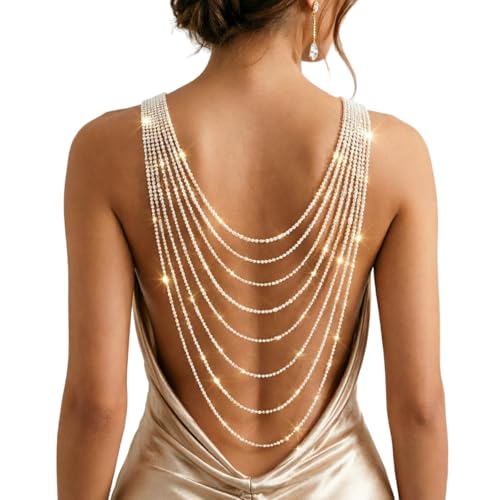Multi Layer Rhinestone Back Drop Necklace, Silver Gold Layered Tassel Back Chain, Crystal Back Necklace Jewelry for Bridal Wedding, Evening Party, Open Back Jewelry for Women Dress - color: Gold