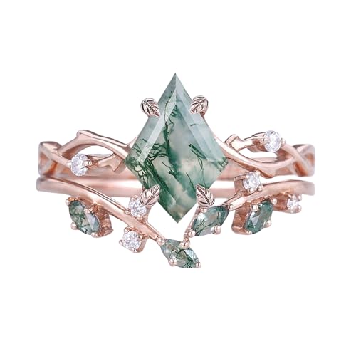 Natural Moss Agate Leafy Vintage Bridal Sets Wedding Rings for Women, 10K 14K 18K Solid Gold Kite-Cut Green Moss Agate and Moissanite Engagement Ring for Women Mother Her Jewelry Gift - color: 16-style16