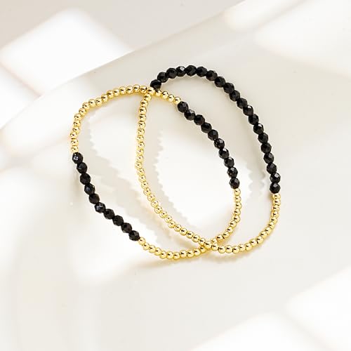 Kainier Gold Beaded Bracelets for Women 2Pairs 14K Gold Plated Stretch Bracelet Set Stackable Tarnish Dainty Natural Stone Bead Bracelets Gift - color: Onyx