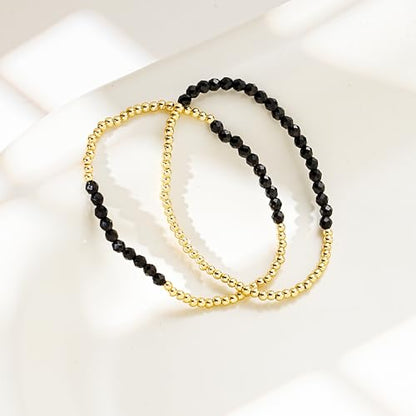 Kainier Gold Beaded Bracelets for Women 2Pairs 14K Gold Plated Stretch Bracelet Set Stackable Tarnish Dainty Natural Stone Bead Bracelets Gift - color: Onyx