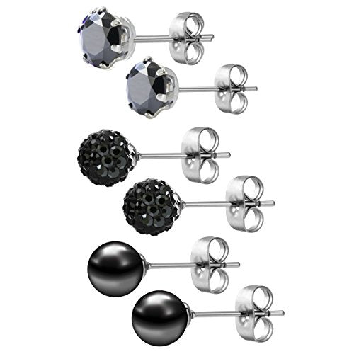 JewelrieShop Birthstone Studs Earring Set Cubic Zirconia Rhinestones Crystal Ball Faux Pearl Stainless Steel Stud Earrings for Women Jewelry Gift (6mm Round,3 Pairs) - color: 7) July. - Black
