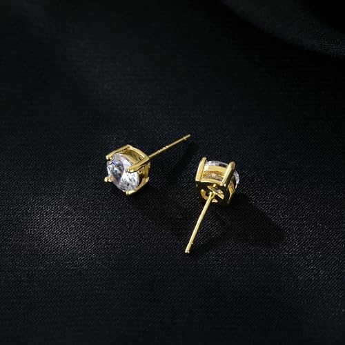 Reffeer Solid 925 Sterling Silver 6MM Cubic Zirconia Earrings Stud for Women Teens CZ Post Stud Earrings Hypoallergenic - color: B-Yellow