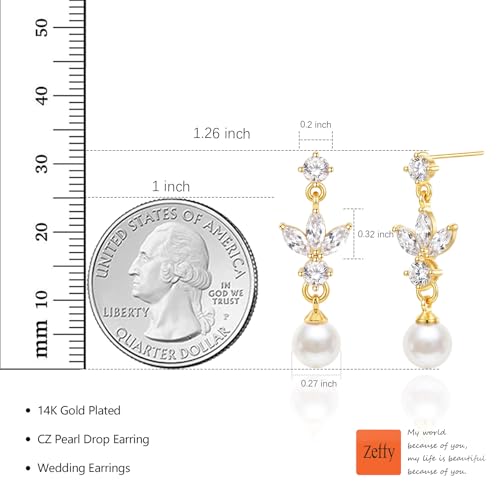 Pearl Earrings for Women 14k Gold/Silver Pearl Drop Earrings Long White Pearl Tassel Dangle Statement Earrings Bridal Wedding Dainty Prom Earrings Birthday Gifts Jewelry - color: Gold CZ Pearl Drop Earrings