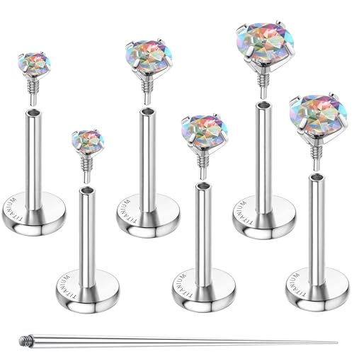 G23 Implant Grade Titanium Flat Back Earrings 16G/18G/20G | 3 Pairs Astm F136 Hypoallergenic Flatback Earrings Internally Threaded Studs for Nose, Helix, Tragus, Conch, Labret Piercing - color: Silver-Rainbow CZ, size: 18G(1.0MM) Bar-6/7/8mm & CZ-2/3/4mm