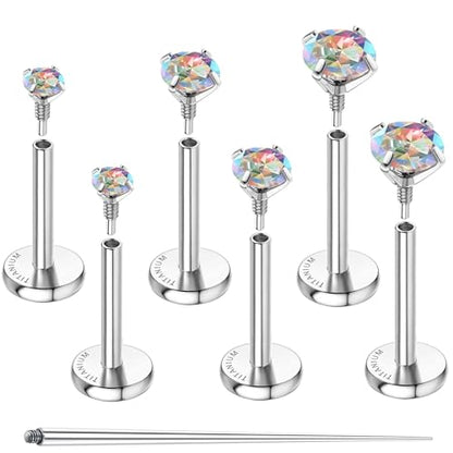 G23 Implant Grade Titanium Flat Back Earrings 16G/18G/20G | 3 Pairs Astm F136 Hypoallergenic Flatback Earrings Internally Threaded Studs for Nose, Helix, Tragus, Conch, Labret Piercing - color: Silver-Rainbow CZ, size: 18G(1.0MM) Bar-6/7/8mm & CZ-2/3/4mm