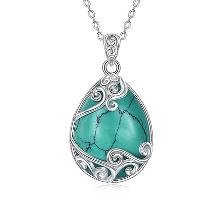 YAFEINI 925 Sterling Silver Moonstone Necklace Filigree Teardrop Pendant Necklace Jewelry for Women Girls - color: Q-Turquoise