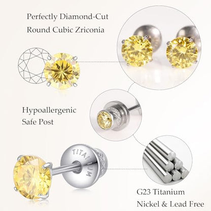 Limerencia Birthstone Screw Back Earrings G23 Implant Grade Titanium Stud Earrings Hypoallergenic Cubic Zirconia Posts Studs Jewelry Gifts for Girls Sensitive Ears - color: November