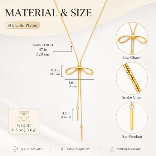 YUJIE Long Gold Y Necklace for Women - Adjustable Lariat Pendant Snake Chain, 14K Gold Plated Dainty Teardrop Necklace for Trendy & Formal Wear - color: bow