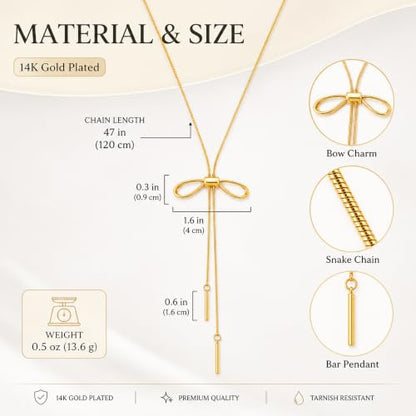 YUJIE Long Gold Y Necklace for Women - Adjustable Lariat Pendant Snake Chain, 14K Gold Plated Dainty Teardrop Necklace for Trendy & Formal Wear - color: bow