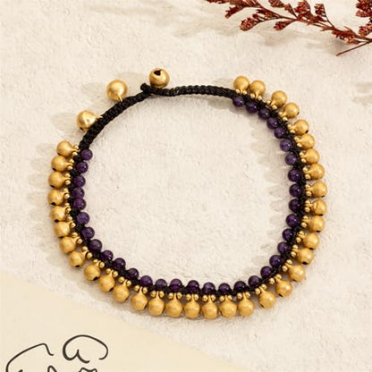 Jingling Round Stone Brass Anklet Bracelet Handmade Boho Ankle Bracelets for Women Minimalist Jewelry - color: purple
