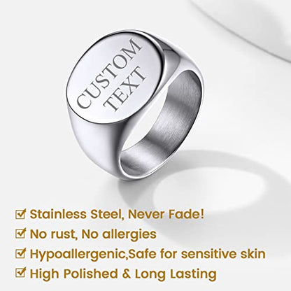 GoldChic Jewelry Personalized Signet Rings Men Women, Stainless Steel Custom Photo Bold Square/Oval Monogram/Old English Initial Pinky Stacking Statement Ring in Black/Silver/Gold (Size 7-14) - color: Steel-Customized -Round