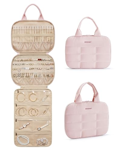 BAGSMART Travel Jewelry Case, Hanging Jewelry Organizer with Zipper Pockets, Large Capacity Puffy Jewelry Roll for Earrings, Necklaces, Rings on Closet, Wall, Door, Portable Travel Essentials, Pink - color: Pink