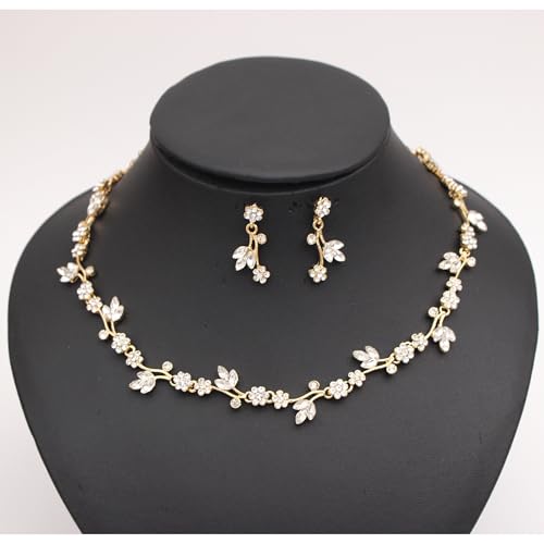 Brides Bridesmaid Flower Leaf Choker Necklace Dangle Earrings Link Bracelet Austrian Crystal Wedding Jewelry Set for Prom Costume Party Accessories for Woman - color: Crystal-Gold Plated