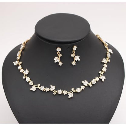 Brides Bridesmaid Flower Leaf Choker Necklace Dangle Earrings Link Bracelet Austrian Crystal Wedding Jewelry Set for Prom Costume Party Accessories for Woman - color: Crystal-Gold Plated