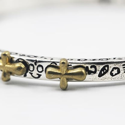 Innocence S925 Silver-Plated Antique Wide Feather Cuff Bracelet For Men Women Adjustable Retro Twisted Feathers Bracelets Gift Jewelry - color: Cross