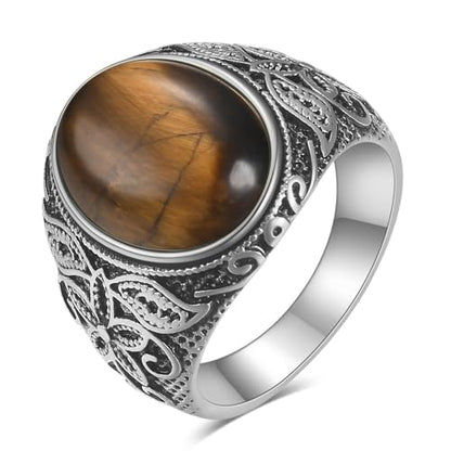 Retro Large Tiger Eye Stone Turquoise Wedding Ring For Men Classical Gothic Stainless Steel Rings - color: Silver-Coffee