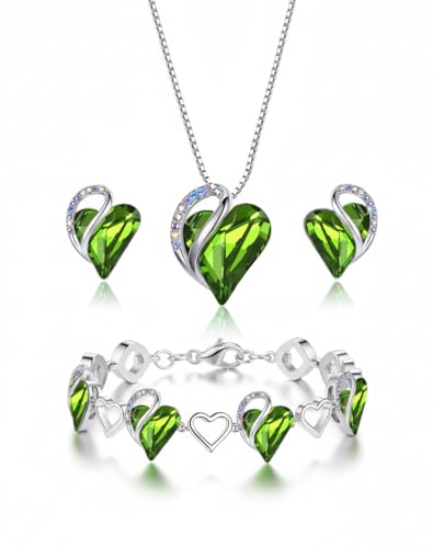 Leafael Necklace Gift Set for Women, Infinity Love Birthstone Heart Pendant with Matching Earrings and Bracelet, for Mom and Wife, Silver Plated - color: 08-Set-August-Peridot Green