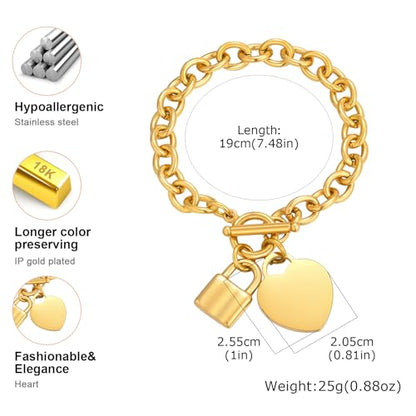 VNOX Personalized Initial Name Stainless Steel Trendy Cable Chain Bracelet Neckalce Set with Padlock Heart Charm and Toggle Clasp Closure - color: Gold Bracelet