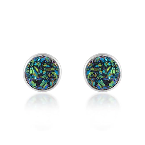 5 MM Natural Gemstone 925 Sterling Silver Hypoallergenic Studs Earrings Jewelry for Women Dainty Trendy Antiqued Silver Birthstone Earrings Jewelry Gifts for Women and Her - color: Green Druzy