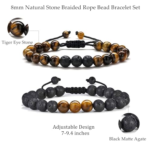 M MOOHAM Mens Bracelet - Beaded Natural Stone 8mm Tiger Eye Matte Agate Lava Rock Bracelets for Men Teen Boys Grandpa Dad Birthday Gifts Jewelry - style: " Tiger eye&Lava Rock Bracelets