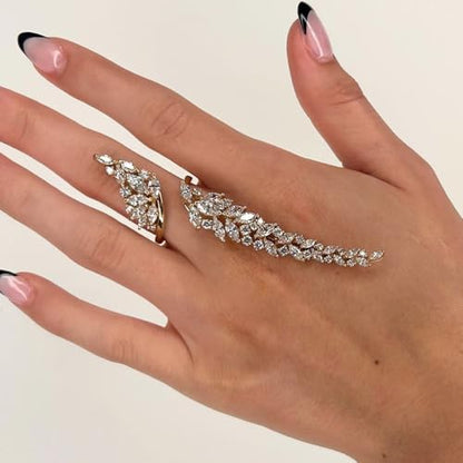 Rhinestone Finger Ring for Women Sparkly Crystal Butterfly Flower Leaf Adjustable Statement Chain Rings Punk Jewelry - color: gold leaf