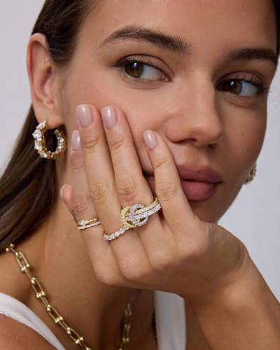 PAVOI 14K Gold Plated Interlocking Ring for Women - Chunky Connected Bands Interlock Stackable Rings for Women - Trendy Cubic Zirconia Two Tone Interlocked Multi-Band Statement Jewelry - style: Two Bands & CZ - Two Toned