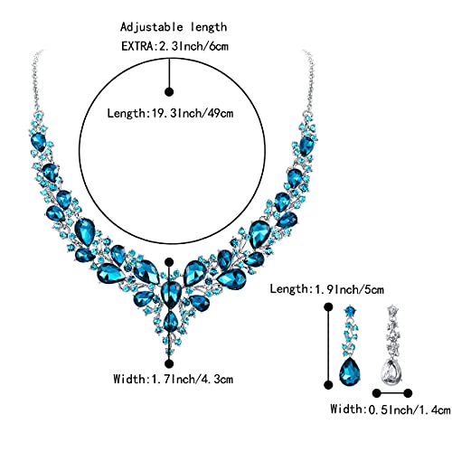 Women's Wedding Statement Necklace Dangle Earring Jewelry | Austrian Crystal Teardrop Cluster,Necklaces Earrings Set for Bride Bridesmaid,Prom Accessories - color: 17-Sky Blue Silver-Tone
