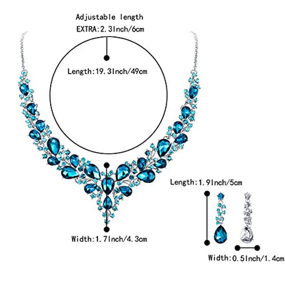 Women's Wedding Statement Necklace Dangle Earring Jewelry | Austrian Crystal Teardrop Cluster,Necklaces Earrings Set for Bride Bridesmaid,Prom Accessories - color: 17-Sky Blue Silver-Tone