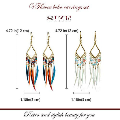 Gold Bohemian Earrings Set with Feather Tassel for Women