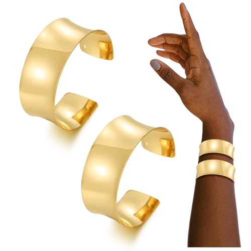 BOMAIL 2PCS Cuff Bangle Bracelets for Women | 14k Gold Sliver Plated,Adjustable,Wide Bangles,Wrist Wrap Cuff,Gold Bracelets Jewelry Gift - color: Gold-2