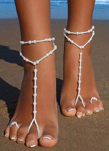Bellady 2 Pcs Womens Beach Imitation Pearl Barefoot Sandal Foot Jewelry Anklet Chain
