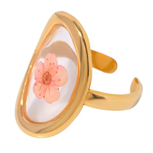 Hebelee Handmade Dried Flower Statement Ring for Women | Gold-Toned Stainless Steel,Adjustable,Pressed Blossom Forget-Me-Not Flowers Open Band Rings,Wedding Holiday Jewelry - color: Hammered Oval B