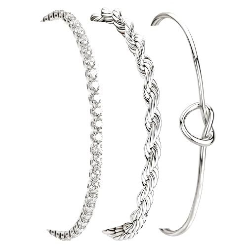 925 Sterling Silver Bracelets for Women Stack, Trendy Tennis Bangle Cuff Jewelry Set 14K Gold Plated, Adjustable Bracelet Set for Wrist Essentials, Women Fashion Watch Band Acecessories - style: Bracelet_3pcs(Dainty Tennis Set2-Silver)