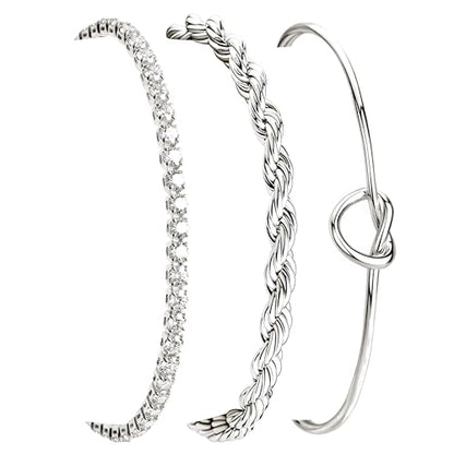 925 Sterling Silver Bracelets for Women Stack, Trendy Tennis Bangle Cuff Jewelry Set 14K Gold Plated, Adjustable Bracelet Set for Wrist Essentials, Women Fashion Watch Band Acecessories - style: Bracelet_3pcs(Dainty Tennis Set2-Silver)
