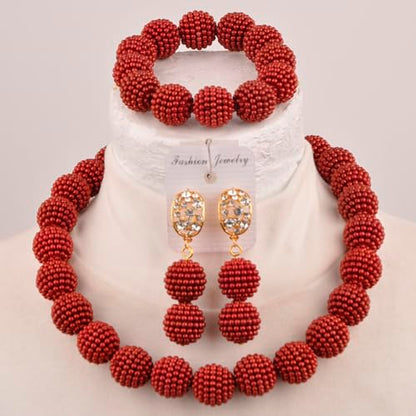Nigerian Wedding African Beads Jewelry Set Women Simulated Pearl Necklace and Earrings - color: Dark Red
