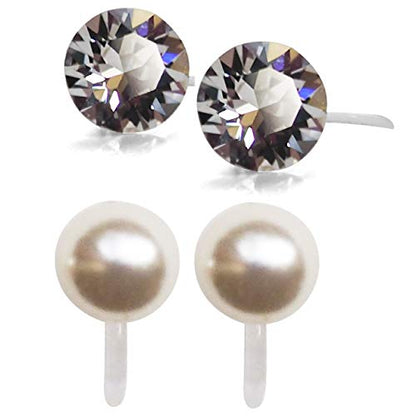 Star Clear Austrian Crystal Invisible Clip On Stud Earrings Blue Light Orange Purple Silver Square Rhinestone Screw Back Gold Dangle Clip Earrings - color: 6 mm Swarovski & Pearl
