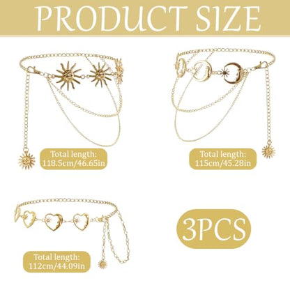 3 Pcs Gold Chain Belt for Women, Adjustable Waist Chain with Clover Butterfly Disc Pendants, Body Jewelry, Boho Belts for Women, Summer Beach Party - color: Gold-2