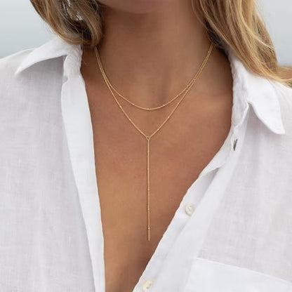 Lariat Necklace for Women, Dainty 14K Gold/Silver Plated Long Necklaces for Women Trendy Simple Layered Y-Shaped Pendant Necklace Adjustable Fashion Jewelry Gift - color: Gold, style: Satellite Chain
