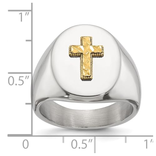 Stainless Steel Polished with Diamond-cut 14K Gold Accent Cross Oval Signet Ring Size 9 to 11