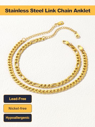 U7 2Pcs/3Pcs Ankle Bracelets for Women, Stainless Steel Cuban Link/Figaro/Rope/Heart Chain Anklets Sets,Waterproof Layered Anklets Adjustable 8.5"-10.5" - color: 01. 2Pcs Style A-Gold