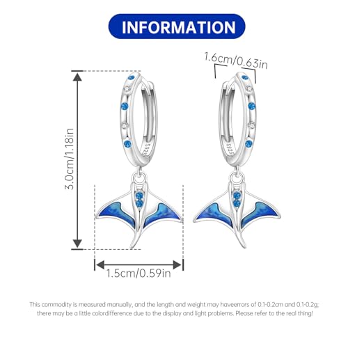 925 Sterling Silver Hoop Earrings Drop Dangle Earrings for Women Hypoallergenic Earring Trendy Huggie Earring Cute Graduation Birthday Gifts Jewelry for Women - color: Blue Manta Ray earrings