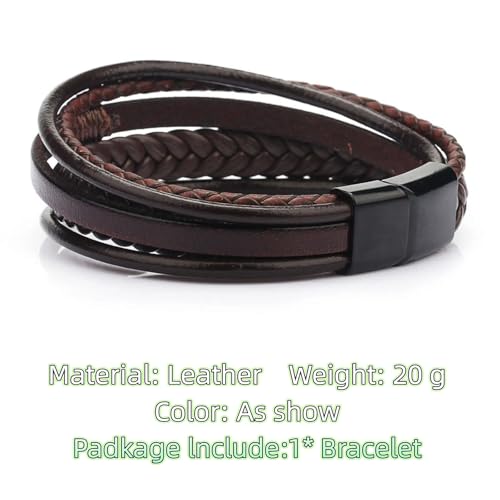 GAUEIOUR Men's Leather Bracelet - Brown with Stainless Steel Clasp, Casual Multi-Layer Creative Braided Bracelets, Vintage Personalized Handmade Wristband Punk Rock Jewelry for Mens