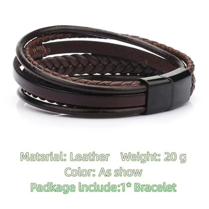 GAUEIOUR Men's Leather Bracelet - Brown with Stainless Steel Clasp, Casual Multi-Layer Creative Braided Bracelets, Vintage Personalized Handmade Wristband Punk Rock Jewelry for Mens