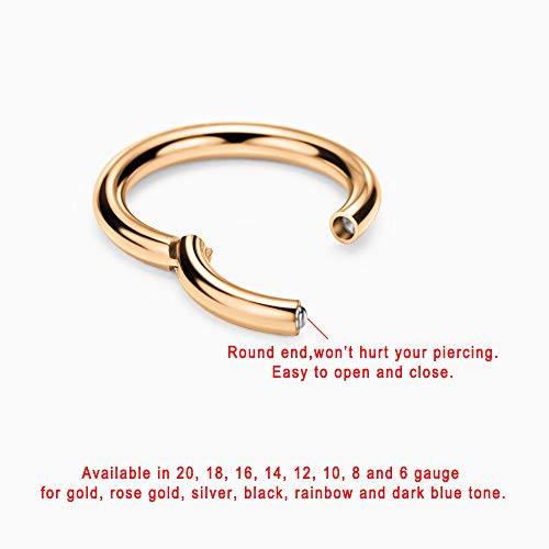 316L Surgical Steel Hypoallergenic Hinged Nose Ring Hoop for Women & Men | Seamless Clasp, Used in Nostril, septum, lip, and all ear piercings. 20 Gauge to 6 Gauge, Inner Diameter 5mm to 22mm - color: 18k rose gold-plated, size: 6 Gauge 16mm