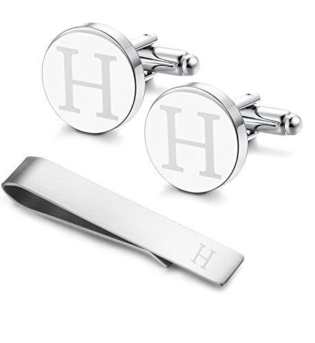 Initial Cuff Links Mens and Tie Clips for Men | Classic Silver Letter Alphabet A-Z Cufflinks and Tie Bar Set, Gifts for Men Father Husband for Formal Business Wedding - style: H