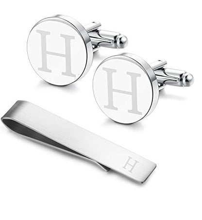 Initial Cuff Links Mens and Tie Clips for Men | Classic Silver Letter Alphabet A-Z Cufflinks and Tie Bar Set, Gifts for Men Father Husband for Formal Business Wedding - style: H