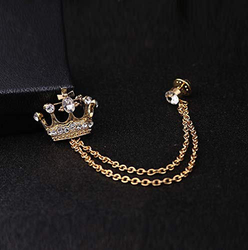 YOOE British Style Rhinestone Crown Chain Brooch. Retro Crystal Corsage Pin, Tassel Chain Suit Jacket Brooch Pin for Men Husband Gifts